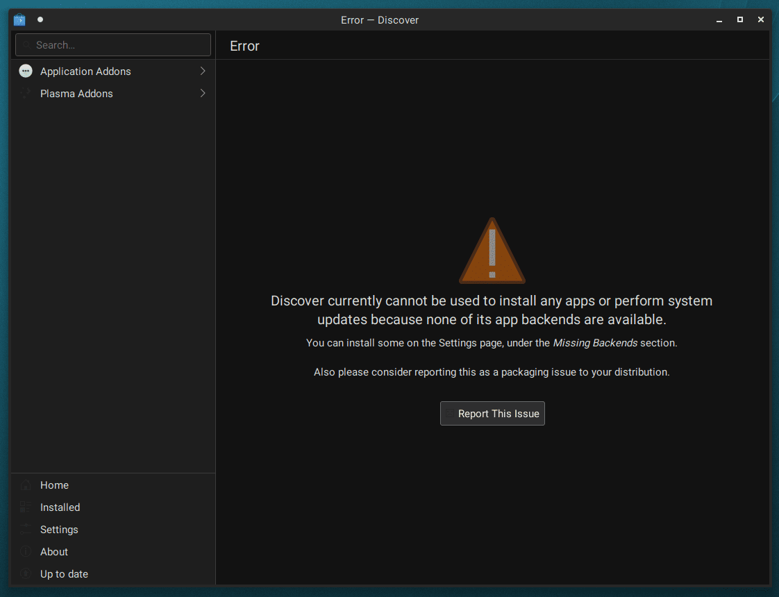 Discover Software Manager showing error about its backend