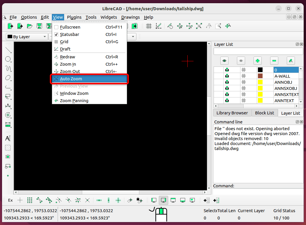 zooming out the opened window in LibreCAD