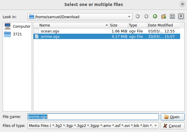 Selecting the OGV file