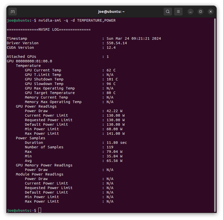 The nvidia smi report on temperature and power