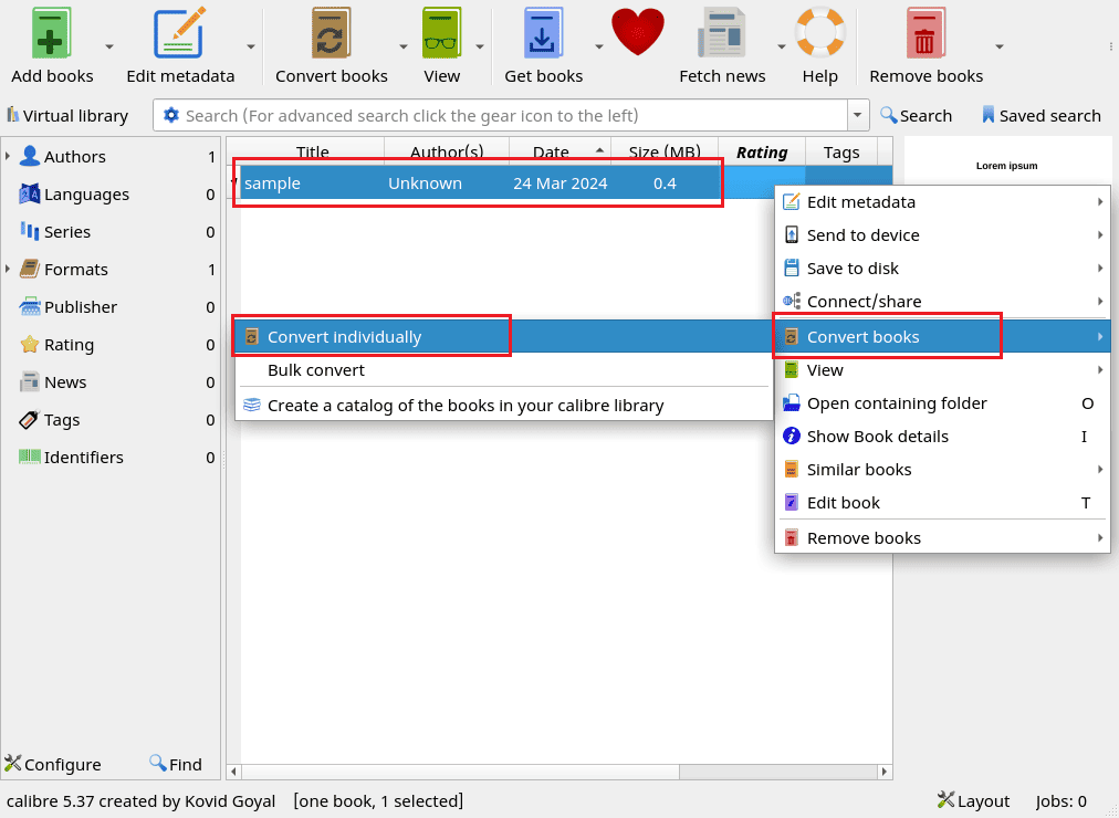 Convert option in the Calibre tool