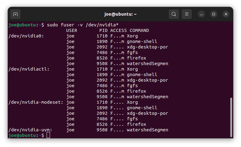 fuser to list GPU PIDs