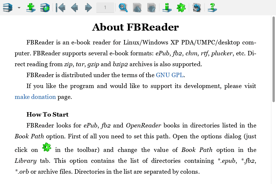 The main page of the FBReader tool