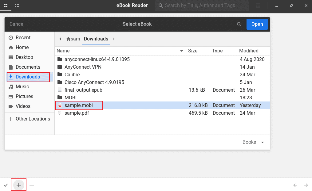 Selecting a MOBI file in the Bookworm tool