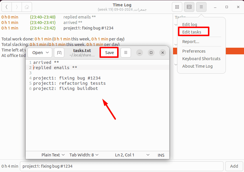 edit tasks in gtimelog 
