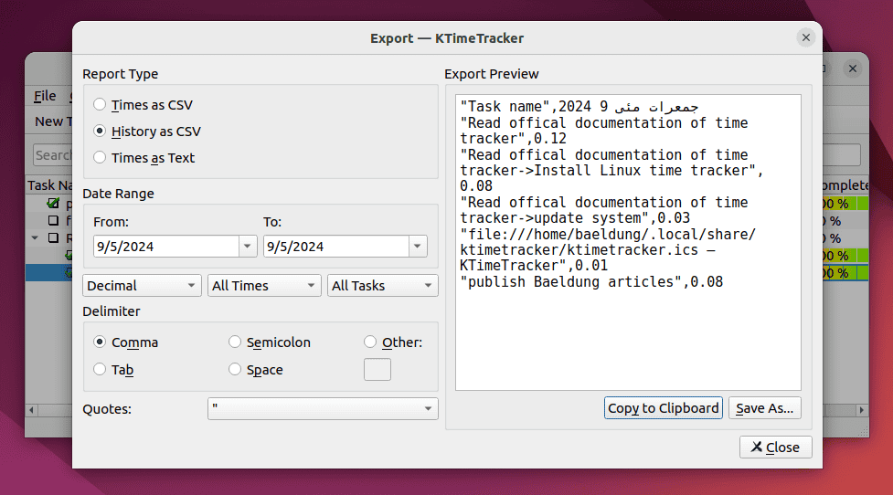 report and export option