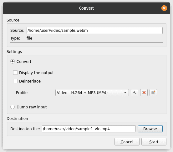 VLC window with output details for format conversion