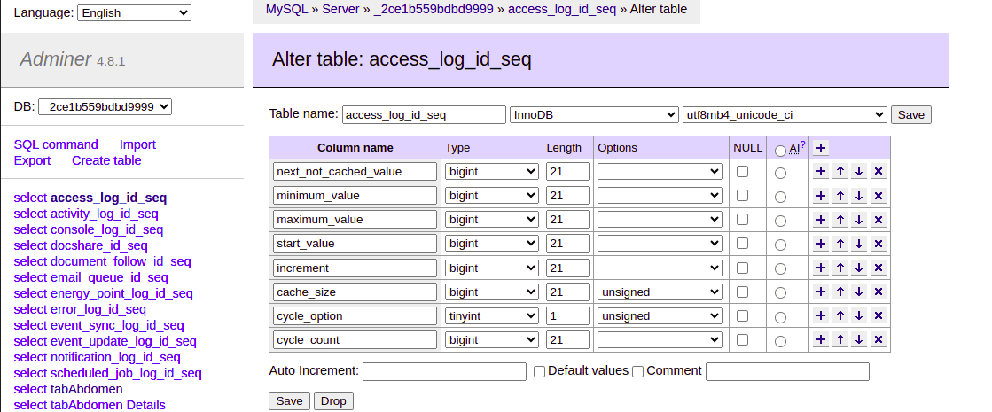 adminer alter table