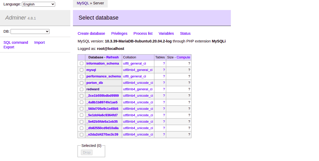 adminer database menu