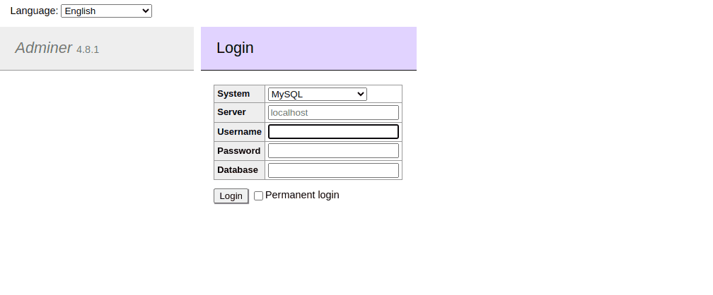 Adminer login screen