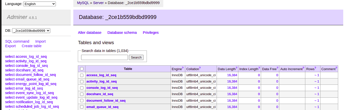 Adminer Database Table View