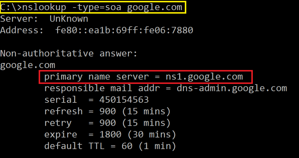 This image shows the use of nslookup tool to get soa record for a given domain 