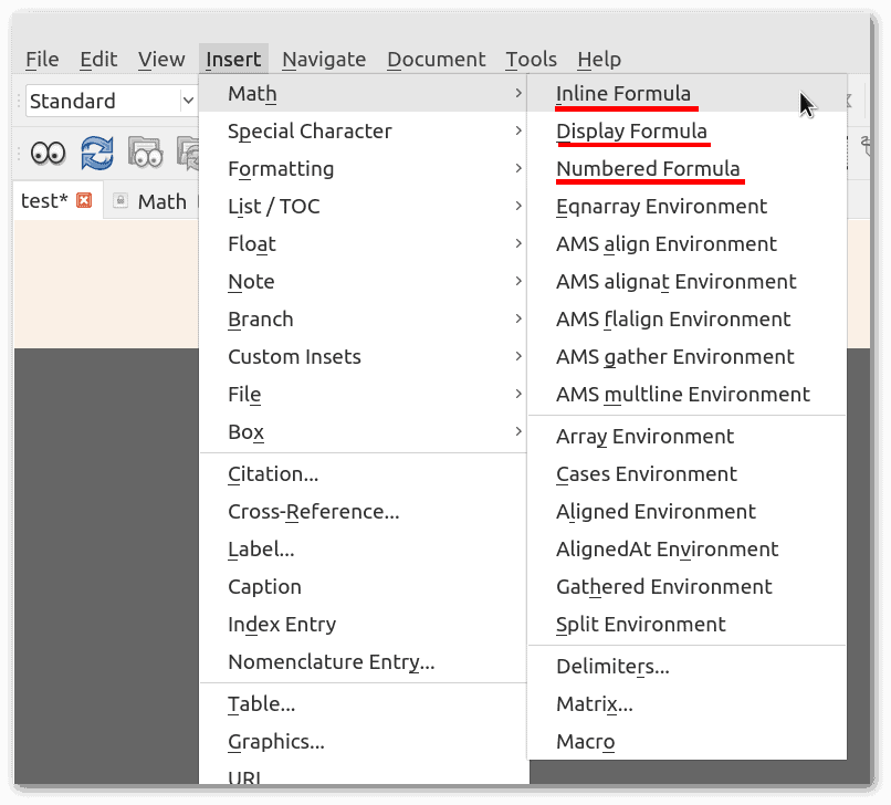 Lyx Math menu