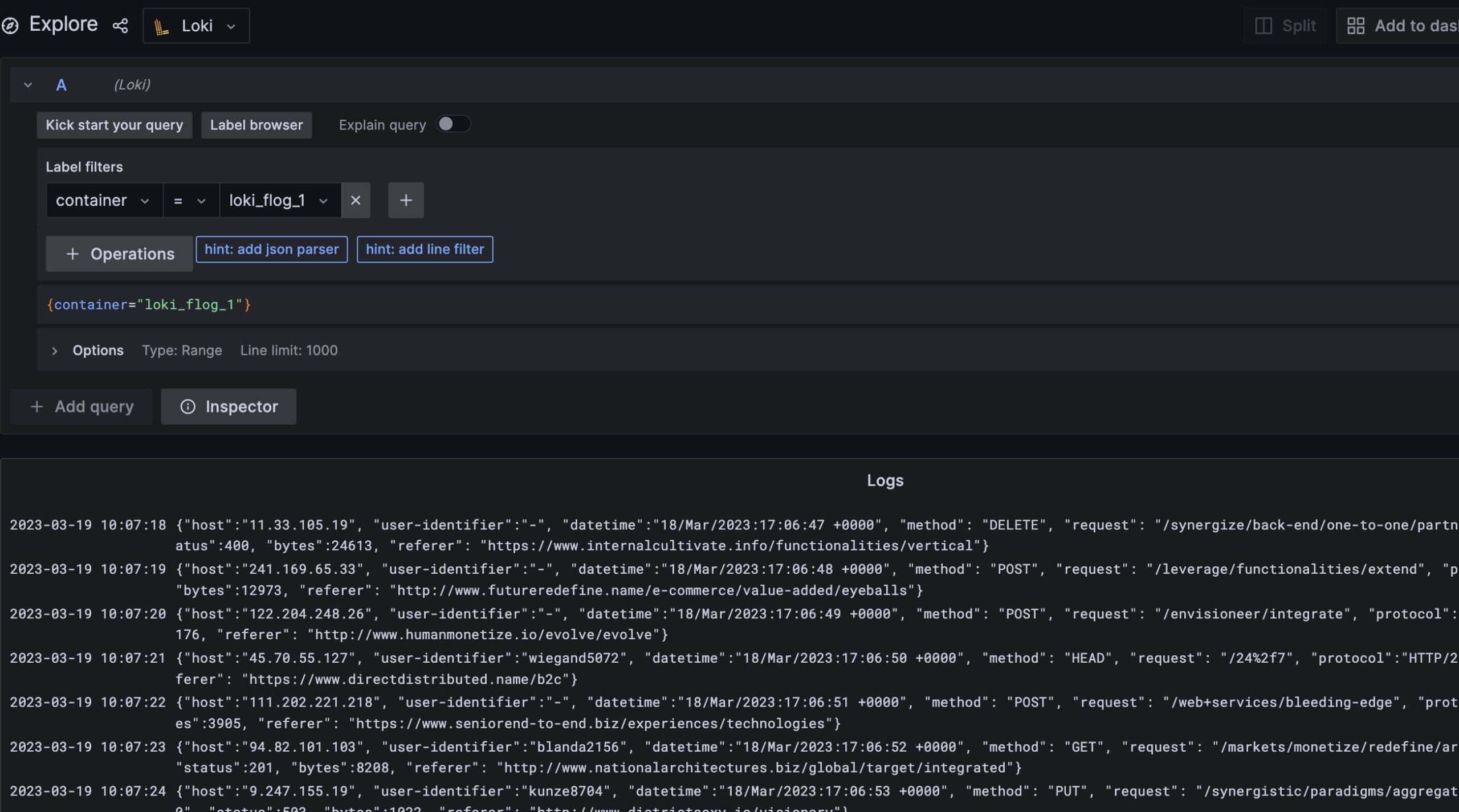 grafana dashboard loki view log messages