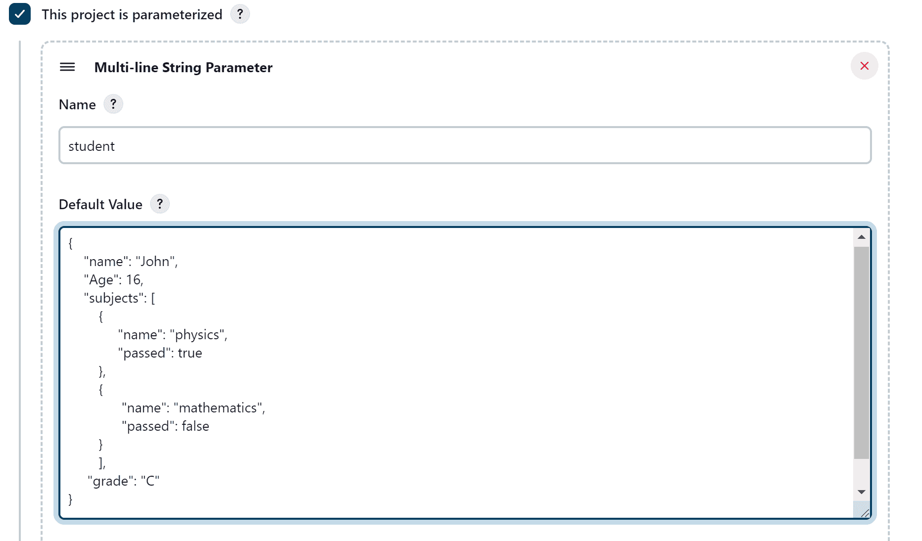 Creating multi-line string parameter as JSON text