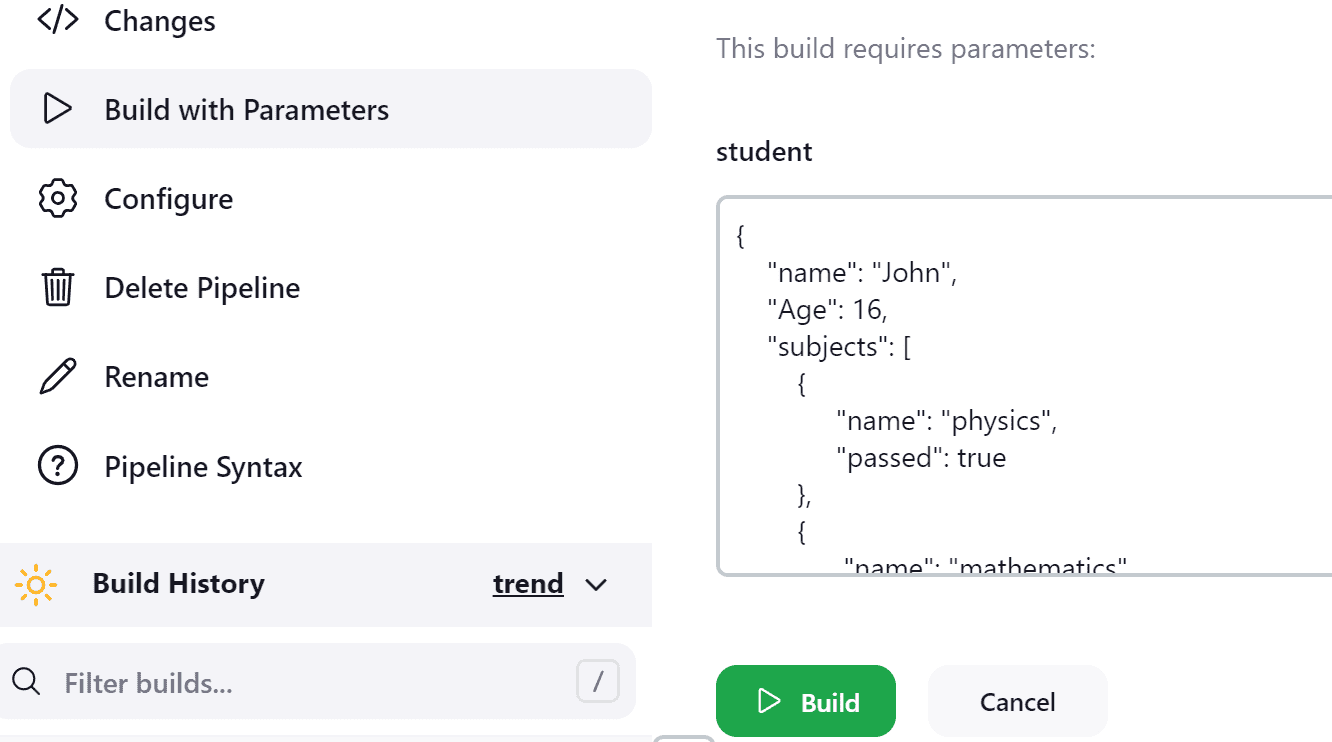 Manually triggering the pipeline with JSON text parameter