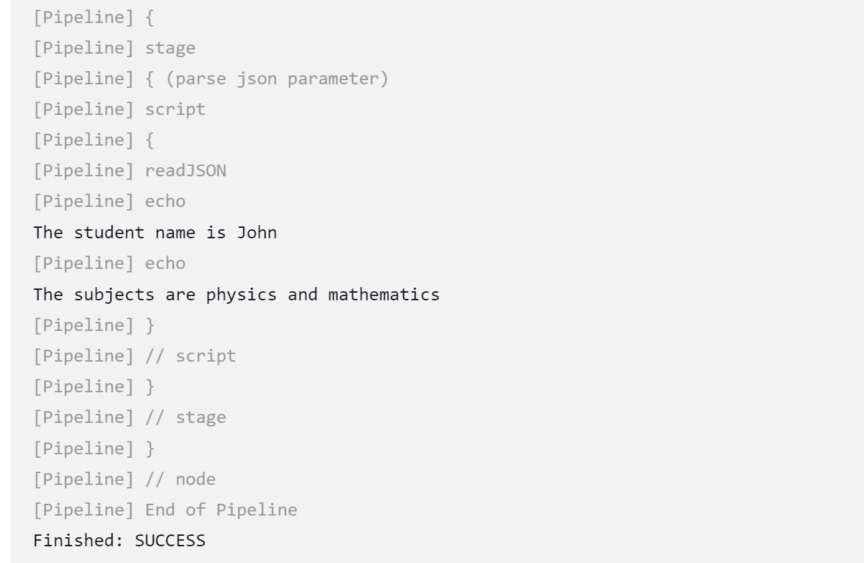 JSON properties displayed in the pipeline output