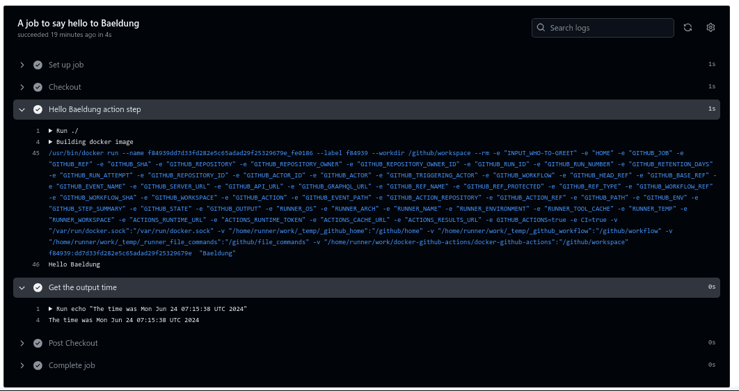 A Job to Say Hello to Baeldung Step Action and Echo Output