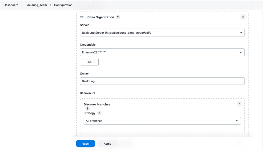 Gitea organization configuration section