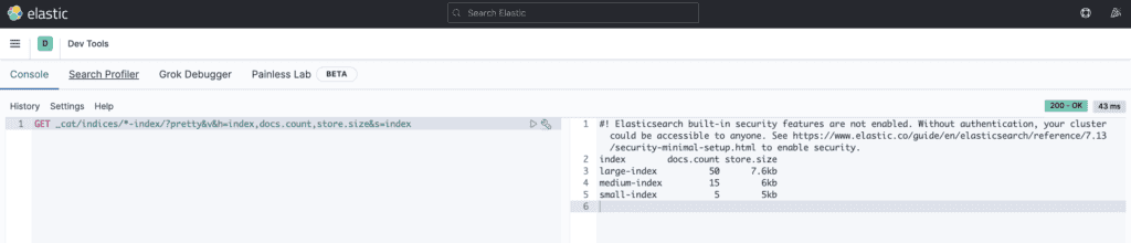 Kibana Dev Tools - List Indices