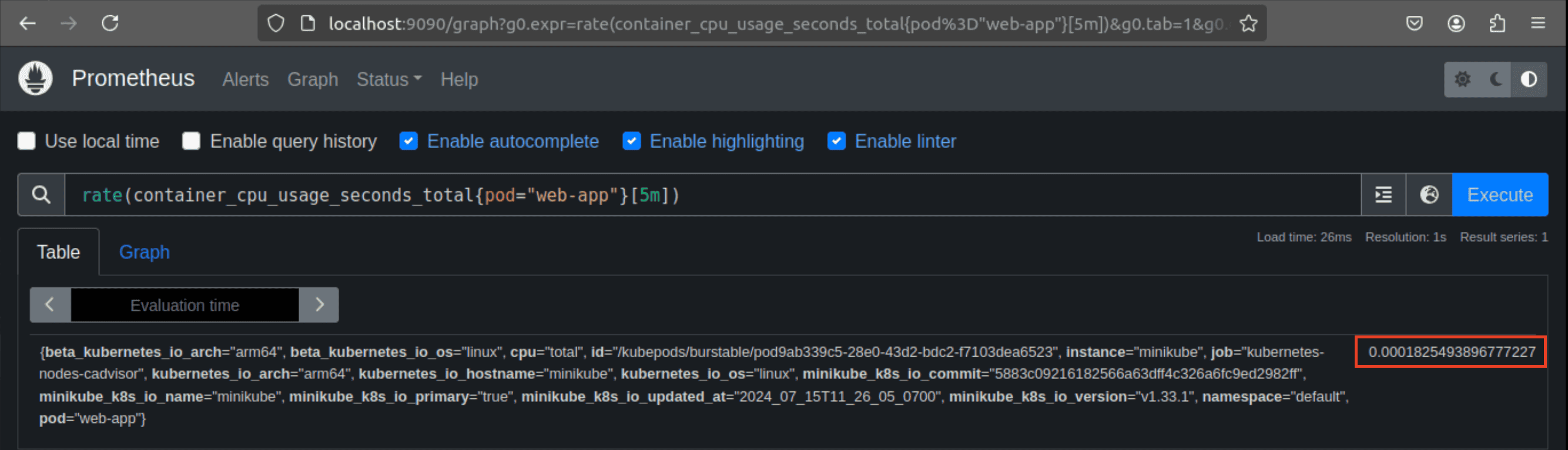 Executing a basic CPU usage on the Prometheus web interface.