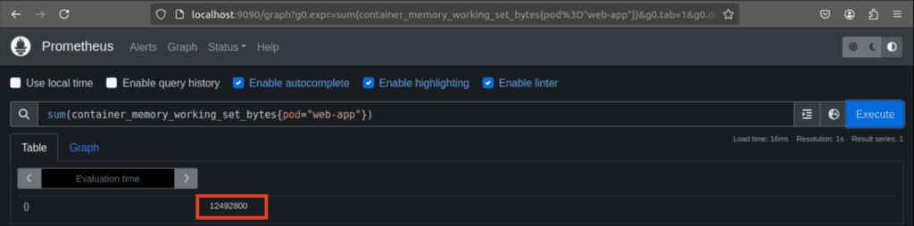 Executing a basic memory usage query on the Prometheus web interface.